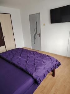 a large purple bed in a room with a door at Apartament in Geoagiu Băi