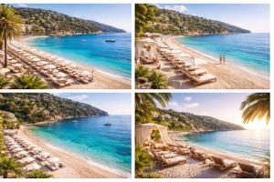 four pictures of a beach with chaise lounges and the ocean at Maison avec Jacuzzi Privatif Calme Soleil Cote d Azur in La Crau