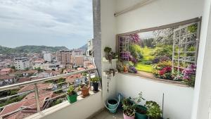 a balcony with potted plants and a view of a city at Belvedere Centro Shkoder in Shkodër