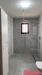 a bathroom with a shower and a toilet and a sink at Behar Apartment with City View in Sarajevo +3 photos