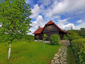 a brown house with a red roof in a field at Greenwood Cottage house for rent near Zagreb in Pisarovina