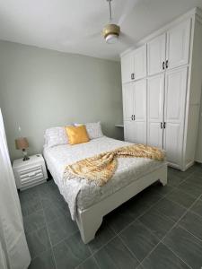 a bedroom with a bed and white cabinets at las gaviotas in Bayahibe