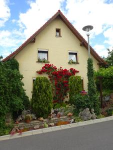 a house with red flowers in front of it at Ferienwohnung Wassergartenparadies in Harsdorf