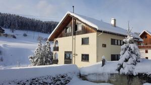 a house covered in snow with trees in front of it at Haus Wiesengrund in Forbach