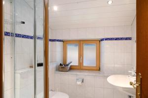 a bathroom with a shower and a sink and a toilet at Ferienwohnung Alpspitznest in Grainau +21 photos