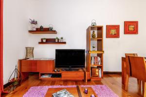 a living room with a tv on a table at Garden View Apartment in Horta