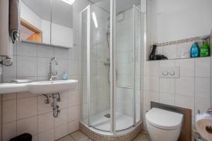 a bathroom with a shower and a toilet and a sink at Tinas Ferienwohnung in Hergensweiler +12 photos
