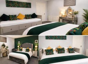 two pictures of a bedroom with two beds at Saphire Apartments Spacious 1 Bed Apartment Sleeps 6 with Free Parking and Garden in Giffnock
