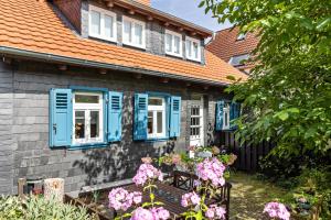 a house with blue shutters and flowers in front of it at Ferienhaus Schotten in Schotten