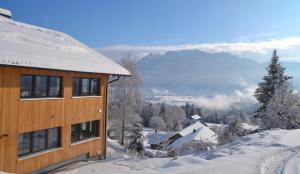 a wooden building in the snow with mountains in the background at Ferienwohnung Naturnah in Dalaas