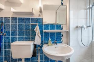 a blue tiled bathroom with a toilet and a sink at Haus Loks in Sankt Märgen +23 photos