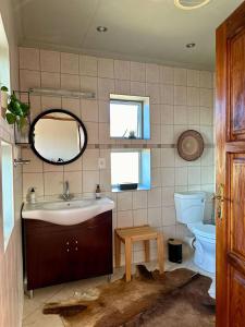a bathroom with a sink and a toilet and a mirror at Boscia African Farm in Omomas