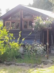 a wooden house with a flower garden in front of it at Chalet Dominique in Azzana