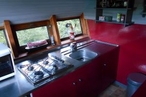 a kitchen with a sink and a stove and two windows at Chalet les Sonnailles in Mont-Dore