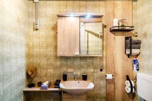 a bathroom with a sink and a mirror at Ferienwohnung Didi in Detern +18 photos