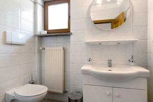 a bathroom with a sink and a toilet and a mirror at Mayr Apartments Drei in Plaus +15 photos