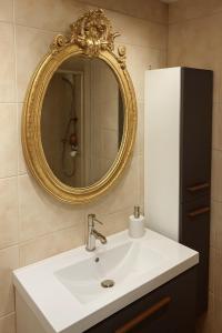 a bathroom with a white sink and a mirror at Chalet Le Puy Papillon in Servières-le-Château +17 photos