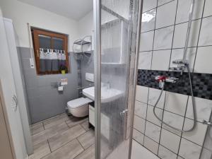a bathroom with a toilet and a glass shower door at Ferienwohnung Kuckuck in Ohlsbach +15 photos
