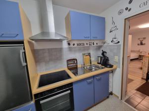 a small kitchen with blue cabinets and a sink at Ferienwohnung Kuckuck in Ohlsbach