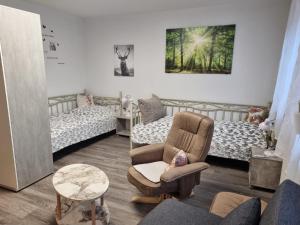 a room with two beds and a chair at Ferienwohnung Kuckuck in Ohlsbach