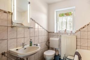 a bathroom with a sink and a toilet and a window at Möblierte Wohnung Ferienwohnung in Aicha vorm Wald +13 photos