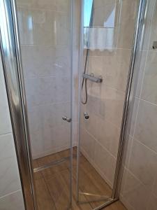 a shower with a glass door in a bathroom at Ferienhaus Höhenflug in Attendorn +4 photos