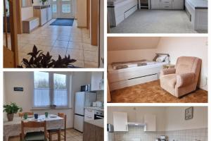 a collage of pictures of a kitchen and a living room at Apartment Kleine Auszeit in Wiendorf +9 photos