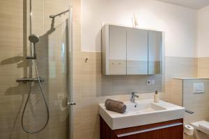 a bathroom with a sink and a shower at Domizil Eden - Erdgeschoss in Göhren-Lebbin +18 photos