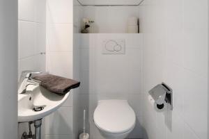 a white bathroom with a toilet and a sink at Fewo Berggipfel am Feldberg in Feldberg +18 photos