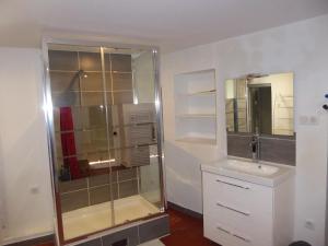 a bathroom with a shower and a sink and a mirror at Maison de Village in Puimoisson