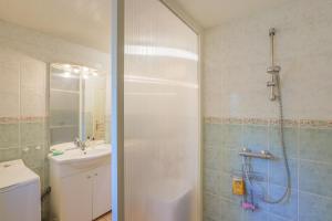 a bathroom with a shower and a toilet and a sink at Gite de la Troulière in Banne