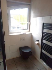 a small bathroom with a black toilet and a window at Hof Sorgenfrei in Buch +37 photos