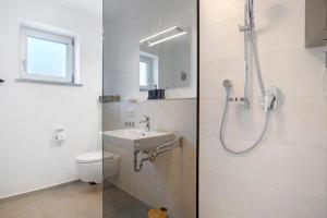 a bathroom with a shower and a toilet and a sink at Design Ferienwohnung am Chiemsee in Breitbrunn am Chiemsee