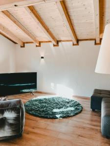 a living room with a green rug on the floor at Ferienwohnung Katie in Hopfgarten im Brixental