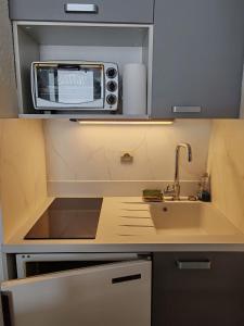 a small kitchen with a sink and a microwave at Cœur des neiges in Bernex +5 photos
