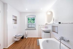 a white bathroom with a toilet and a sink at Ferienhaus1856de mit Sauna in Görlitz +27 photos