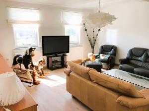 a living room with a couch and a flat screen tv at Herrenhaus Gut Buchenhof in Römhild