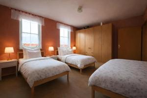a bedroom with two beds and two windows at Herrenhaus Gut Buchenhof in Römhild