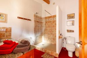 a bathroom with a shower and a toilet and towels at Casica de Perintín in Ojós