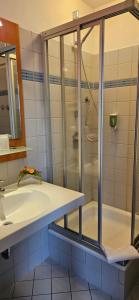a bathroom with a shower and a sink at Hotel Götz in Groß Kreutz