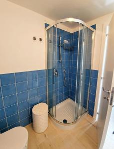 a bathroom with a shower with blue tiles at La Perla del Golfo in Capoliveri +27 photos