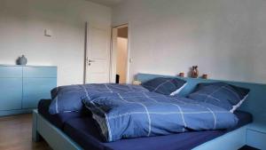 a bedroom with a blue bed with blue sheets and pillows at Sommerlich bei den Sorben in Schmerlitz +9 photos
