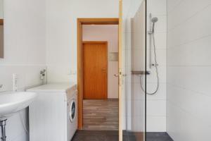 a bathroom with a shower and a sink and a washing machine at Haus Reiser in Alpirsbach +18 photos