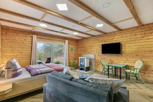 a living room with a couch and a tv in a room at Holzhaus am Waldrand in Niederfinow