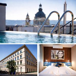 a hotel with a swimming pool and a building at SWU Magazine Rooms in Budapest