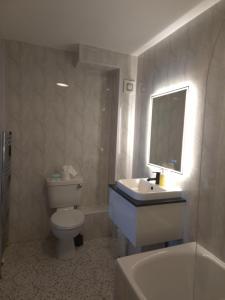 a bathroom with a toilet and a sink and a mirror at The Bank House in Bundoran