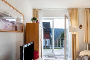 a living room with a tv and a sliding glass door at Ferienwohnung Tannenblick 3-3 in Oberhof +17 photos