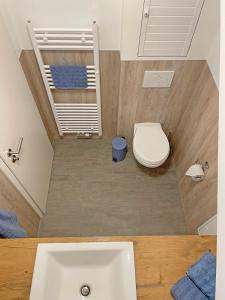 a bathroom with a toilet and a sink at Ferienwohnung Ankerleicht in Steinbergkirche +35 photos