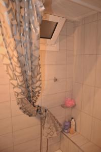 a shower with a shower curtain in a bathroom at House For Rent In Apostolous in Apóstoloi