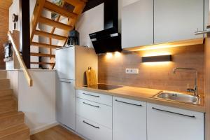 a kitchen with a white refrigerator and a sink at Ferienhaus Schwarzwaldleben in Seebach +14 photos